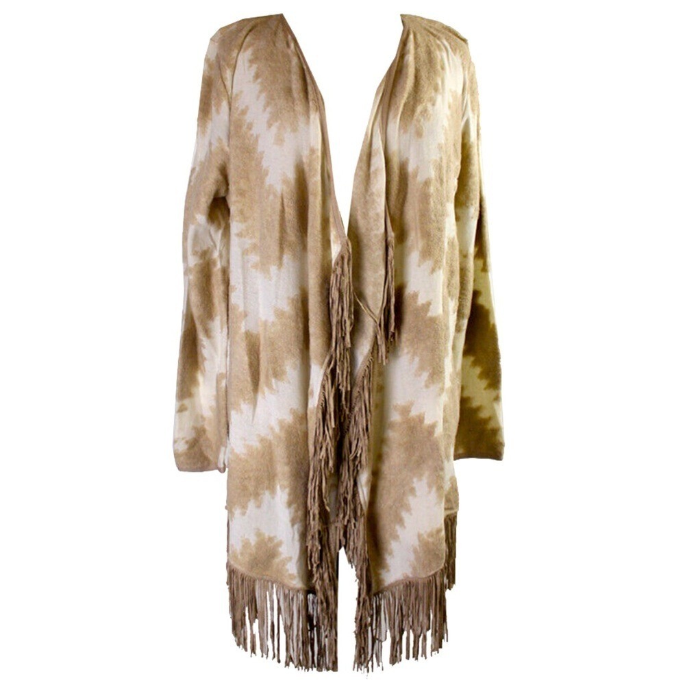 INC International Concept Soft Tan Cream Western Fringed Cardigan Women's M GUC